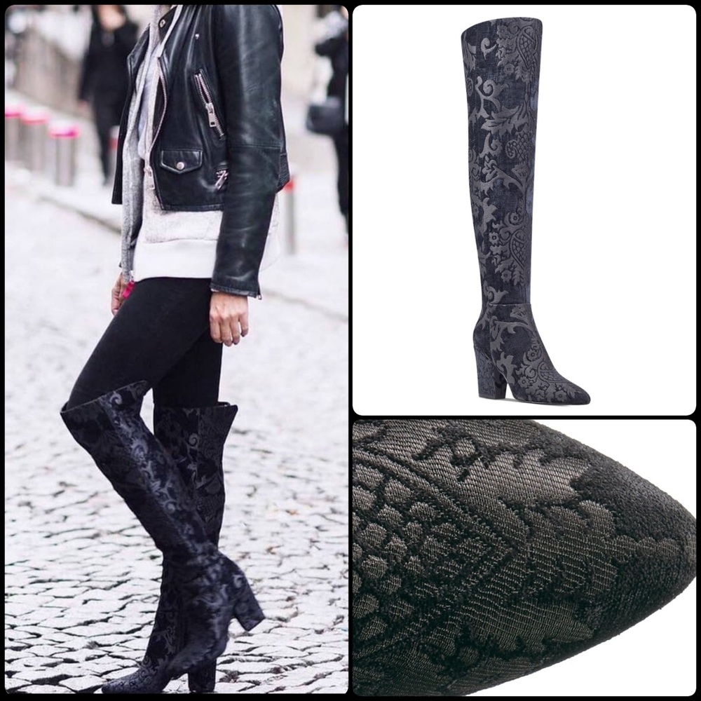 Over-the-Knee Floral Jacquard Heel Boots in Black